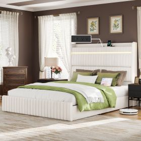 Queen Bed Frame with Storage Upholstered Headboard and 4 Drawers, Velvet Upholstered Platform Bed with LED Lights & Charging Station