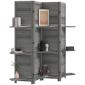 HOMCOM 4 Panel 67" Tall Wood Room Separator Partition Wall Divider, Room Divider w/ 3 Display Shelves & Folding Storage for Bedroom Home Office,