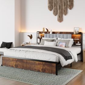 King Size Bed Frame with 2 Storage Drawers and LED Lights Headboard, Upholstered king Bed Frame with Charging Station, No Box Spring Needed