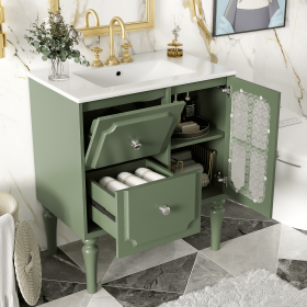 Retro Style 30'' Bathroom Vanity with Resin Sink Combo, Freestanding Single Vanity with 2 Drawers, Solid Wood Frame Bathroom Storage Cabinet, Gre