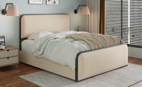 Modern Metal Bed Frame with Curved Upholstered Headboard and Footboard Bed with 4 Storage Drawers, Heavy Duty Metal Slats, King Size, Beige